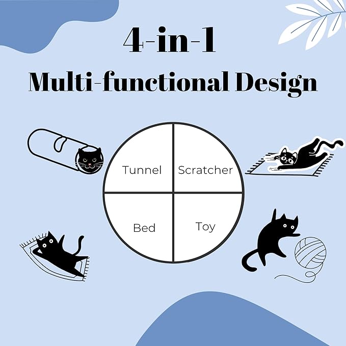 1pk 4-in-1 Modular Cat Tunnel/Scratcher/Cat Cave Lounger Bed/Cat Toy for Indoor Cats Up to 15 lbs- 21.7’’x 9’’x 7.9’’with Sisal Scratching Mat, Felt Tunnel, Catnip-Infused Toy Ball with Bell