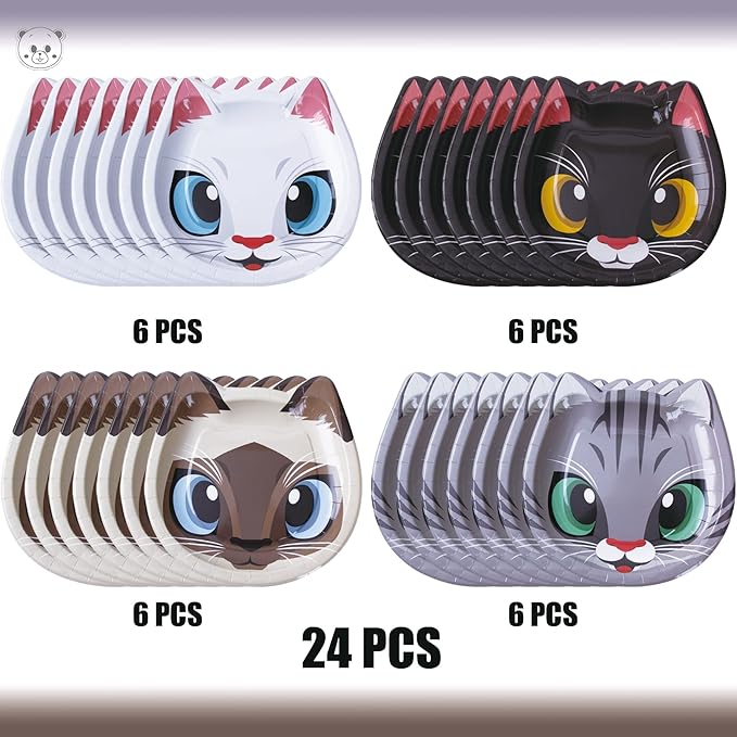 24 Pcs Cat Shaped Dinner Plates - Cat Themed Party Tableware for Birthday, Baby Shower, Kitten Theme Party Supplies