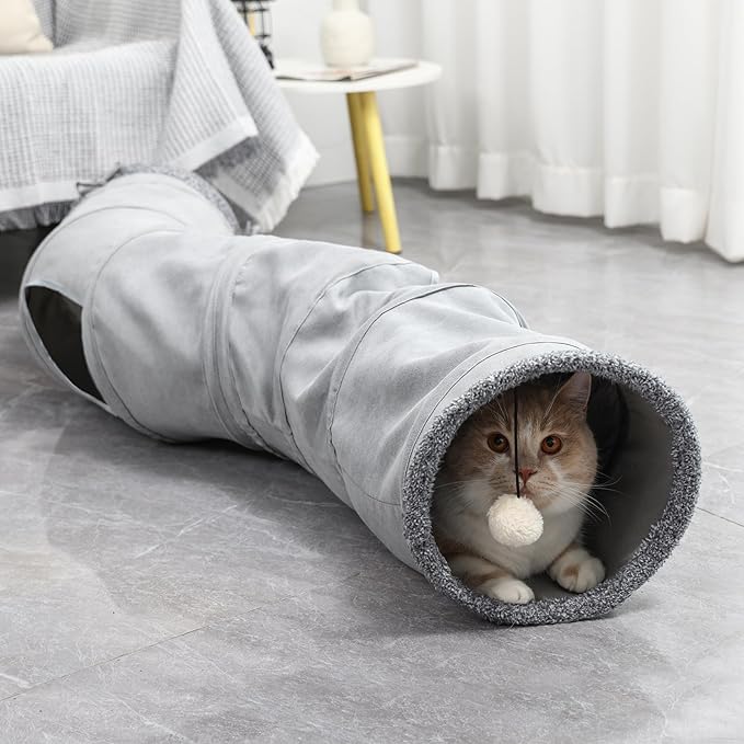 Cat Tunnels for Indoor Cats, Collapsible S-Shape Peekaboo Cat Play Tube Toy Cat Cave, 10.5" Diameter Large Cat Tunnel, Roller Track Kitten Toy, Plush Pet Toy with Catnip, Tease Stick for Cat