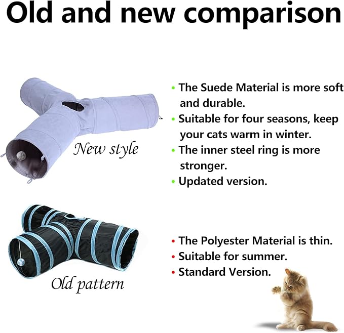 Cat Tunnel, 3 Way Collapsible Cat Play Tube Toys with Plush Ball, Indoor Cat Play Tunnel for Cat, Puppy, Kitty, Kitten, Rabbit (3 Way Shape)