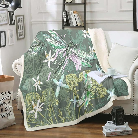 Feelyou Dragonfly Sherpa Blanket Baby 30x40 Inches Botanical Floral Fleece Throw Blanket for Kids Girls Teens Women Bedroom Decor Nature Animals Branches for Sofa Bed Couch Vintage Green