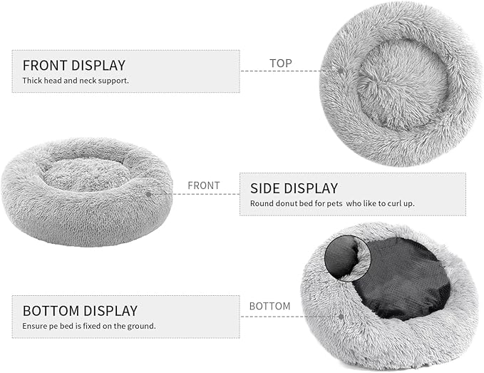 Small Cat Bed for Indoor Cats, Self-Warming Donut Kitty Bed for Small Cats Keeping Warm, Washable Pet Bed with Anti Slip Base, 20‘’ LightGrey