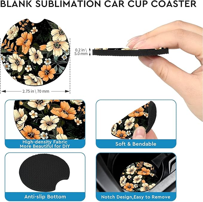 Car Coasters for Cup Holders,2 Pack Flowers Car Coasters,2.75" Universal Size Anti Slip Rubber Mat,Automotive Cup Holder Decal Decor Accessories,Rubber Car Cup Mat for Women,Men,Mom