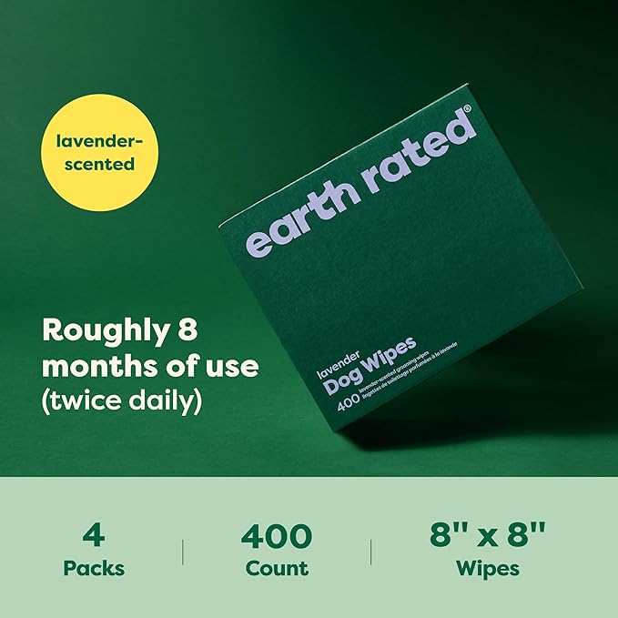 Earth Rated Hypoallergenic Dog Wipes, Cleaning and Odor-Controlling Grooming for Paws, Body, and Butt, Perfect for Puppy and Adult Dogs, Lavender Scent, 400 Count