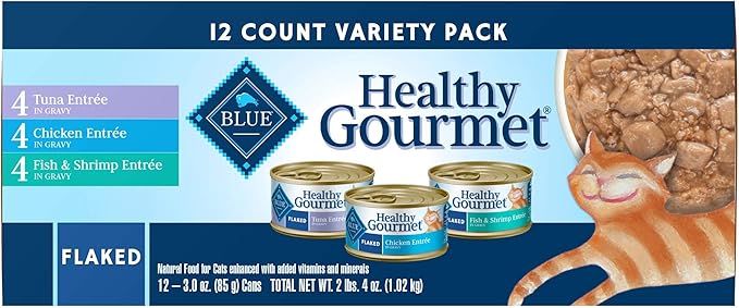 Blue Buffalo Healthy Gourmet Natural Adult Flaked Wet Cat Food Variety Pack Tuna, Chicken, Fish & Shrimp 3-Oz Cans (12 Count- 4 of Each Flavor)