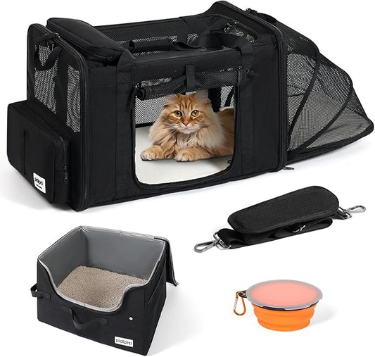 25''(L) x 17''(W) x 17''(H) Extra-Large Expandable cat Carrier for car Travel,with a Leakproof Portable Tall-Side Litter Box and Foldable Food Bowl(Black)