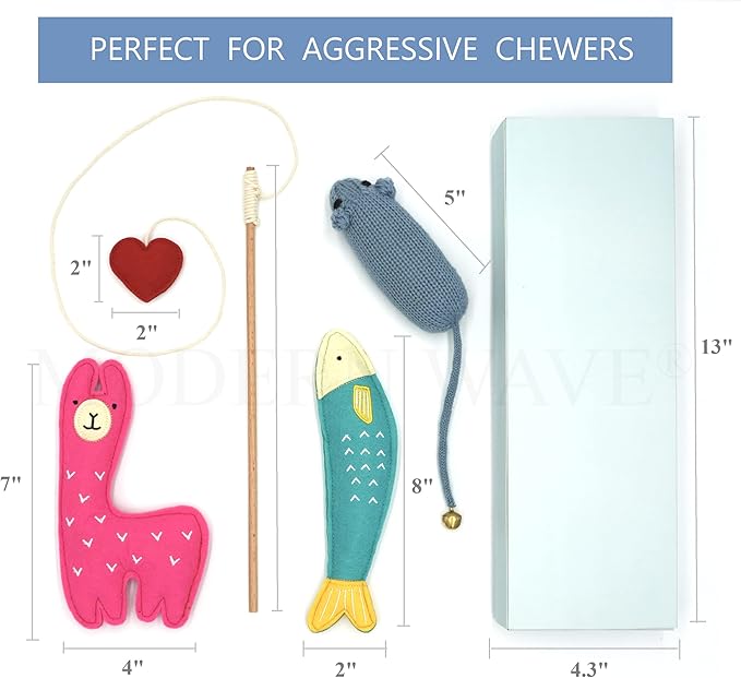 MODERN WAVE - Catnip Handmade Kittens Cats Toys Collection in Gift 4-Pack Box (Felted Fish, Lama, Knitted Mouse with Bell, Cat Heart Teaser)