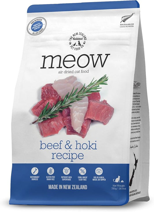 Meow Air Dried Cat Food - Beef & Hoki Recipe, High Protein Dry Cat Food Use as a Complete Diet, Topper, Mixer, or as Cat Training Treats, All Life Stages, 26.5 oz