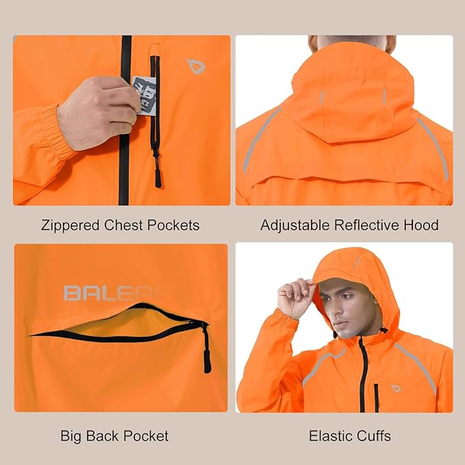 baleaf Men's Rain Jacket Waterproof Windbreaker Running Cycling Golf Hiking Gear Hood Lightweight Reflective Packable