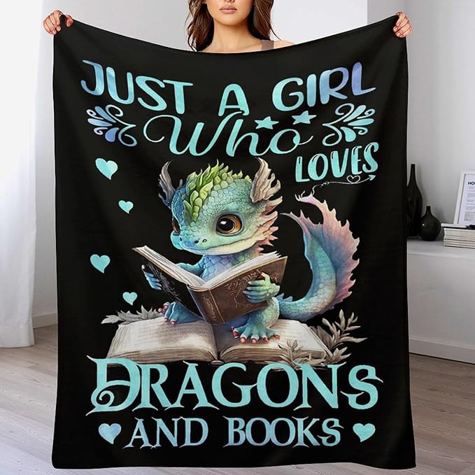 Just A Girl Who Love Dragons and Book Blanket Dragons Gifts for Girls Boys Woman Kids Read Lover Throw Blankets Soft Blanket Warm Fleece Flannel Plush Blankets for Bed Sofa Couch 60"x80"