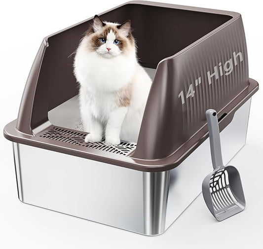 14" XL Stainless Steel Litter Box for Cats, Enclosed Metal Litter Box with Lid, Extra Large Kitty Litter Box with High Sides for High Peeing Cat, Easy to Clean, Non-Sticky, Including Scoop