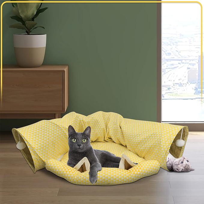 Andiker Cat Tunnels for Indoor Cats with Mat, 2 in 1 Collapsible&Zipper Detachable Soft Cat Bed with A Plush Ball Hideout Cat Interactive Toy Easy to Wash and Clean for All Seasons (Yellow, Moon)