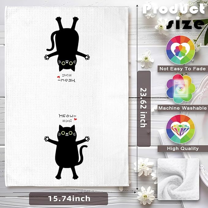 Single Decorative Kitchen Towel with Adorable Hugging Kitty and 'Meow, Hug' Text-Quick-Drying Cute Hand Towel for Cooking,Stylish Bathroom Decor-Whimsical Cat Mom Gifts,Crazy Cat Lady Accessories