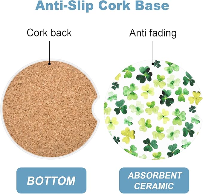 2 Pack Car Cup Holder Coaster, 2.63 inch Anti Slip Insert Absorbent Ceramic Car Coaster with Cork Base and Finger Notch, Cute Car Accessories Interior for Women, Cute Car Coasters., Clover