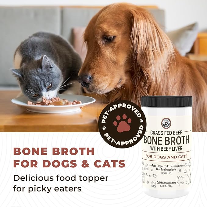 Bone Broth for Dogs and Cats with Beef Liver – Human Grade Grass Fed Beef Bone Broth Powder for Pets – Dog Food Toppers for Picky Eaters - Supports Joints & Gut Health – Freeze Dried Liver - 8oz