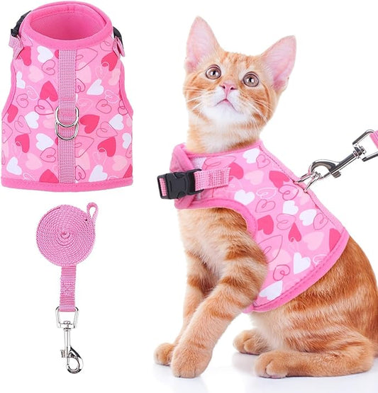 BINGPET Cat Harness and Leash Set Escape Proof for Walking,Step-in Harness with Lightweight Soft Breathable Mesh,Adjustable Easy Control Harness for Kitten Puppy Small Medium Large Cats(Heart,M)