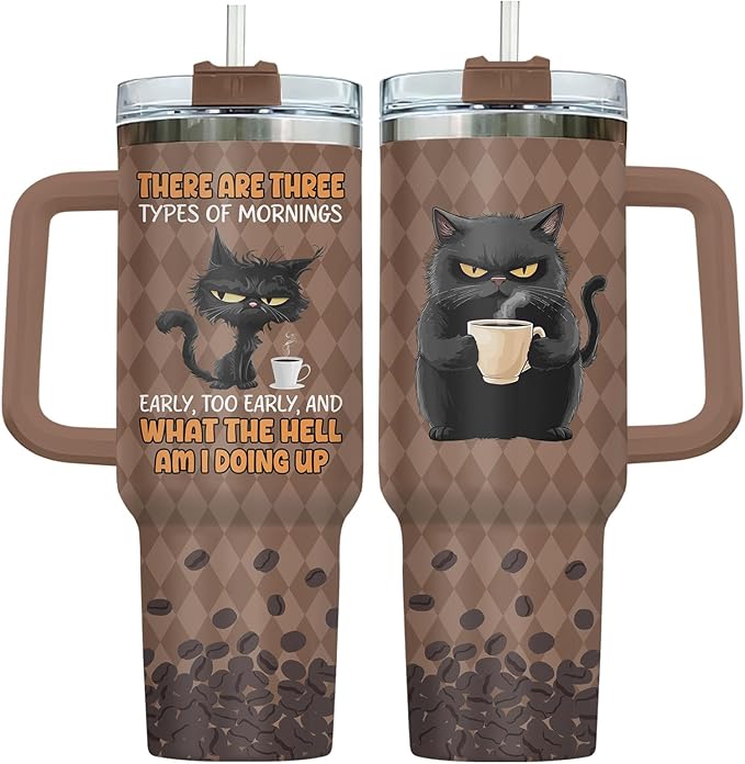 34HD Black Cat Tumbler with Handle & Straw, 40oz Vacuum Insulated Coffee Travel Mug, Black Cat Gifts for Men Women Birthday Halloween Christmas, Funny Gifts for Night Owls Coffee Lovers