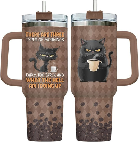 34HD Black Cat Tumbler with Handle & Straw, 40oz Vacuum Insulated Coffee Travel Mug, Black Cat Gifts for Men Women Birthday Halloween Christmas, Funny Gifts for Night Owls Coffee Lovers