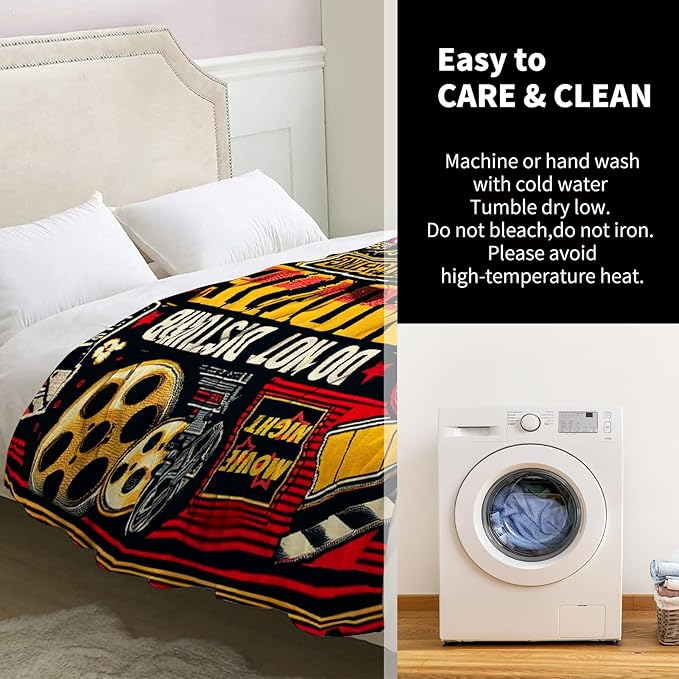 Movie Theme Blanket Gifts for Women Men Girls Boys Cinema Popcorn Film Reel Print Presents for Kids Adults Teen Birthday Christmas Decor Bedroom Living Room Couch Sofa Soft Cozy Flannel Throw 60"x50"