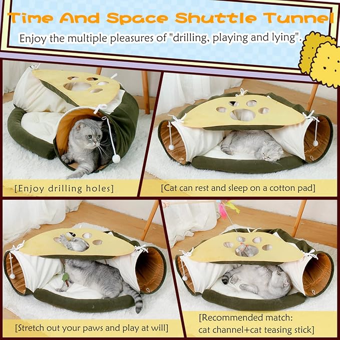 2-in-1 Collapsible Cat Tunnel for Indoor Cat Bed and Hideout for Pet Dog Rabbit Bunny Ferret Tunnel Tubes Toys with Removable Washable Mat, Cat Tower Wheel Stuff