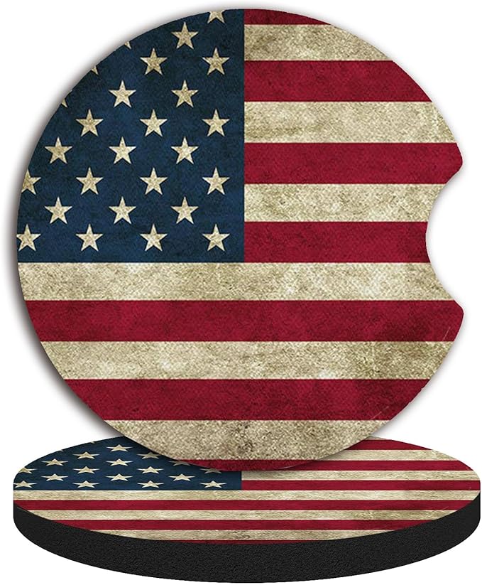 Car Coasters for Cup Holders，Car Cup Holder Coasters, 2 Pack Cup Holder Coasters for Car, Anti Slip Rubber Car Cup Mat with A Finger Notch, Cute Car Interior Accessories for Women 2.75" American Flag