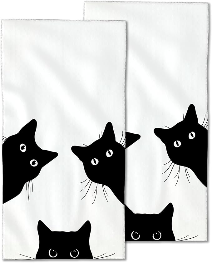 Black Cat Hand Towels - Set of 2, Soft Polyester Cotton Bath Towels - 14"X28"