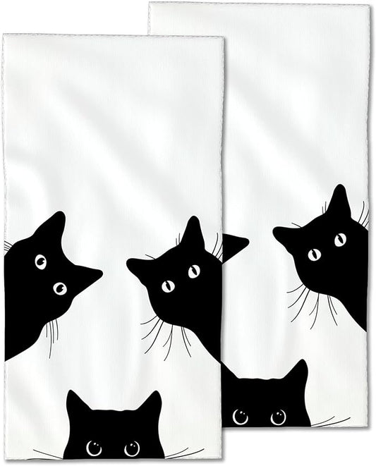 Black Cat Hand Towels - Set of 2, Soft Polyester Cotton Bath Towels - 14"X28"