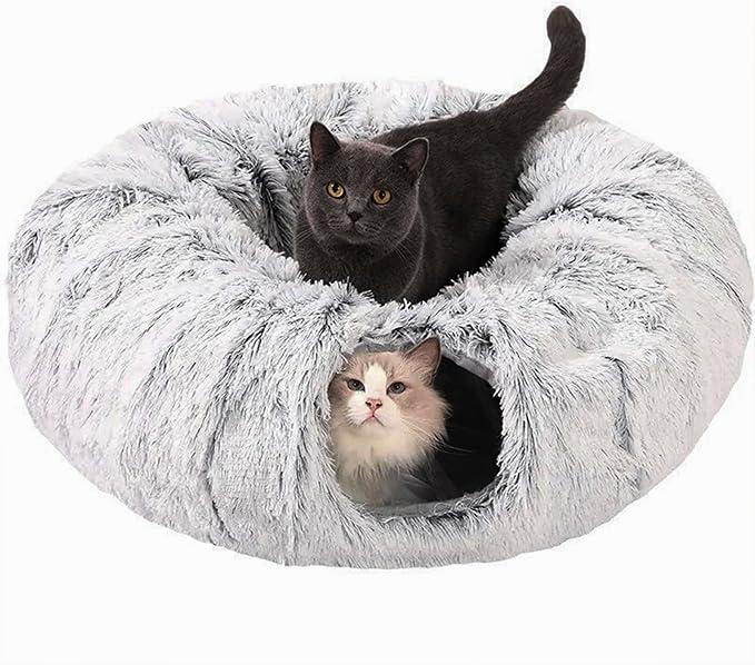 CLKHOWL Cat Tunnel Bed, Cat Tunnels Cat Toys for Indoor Cats, Cat Donut Tunnel, Multifunctional Cat Cave for Small Medium Large Cat, Puppy, Rabbit, Ferret. (Grey)