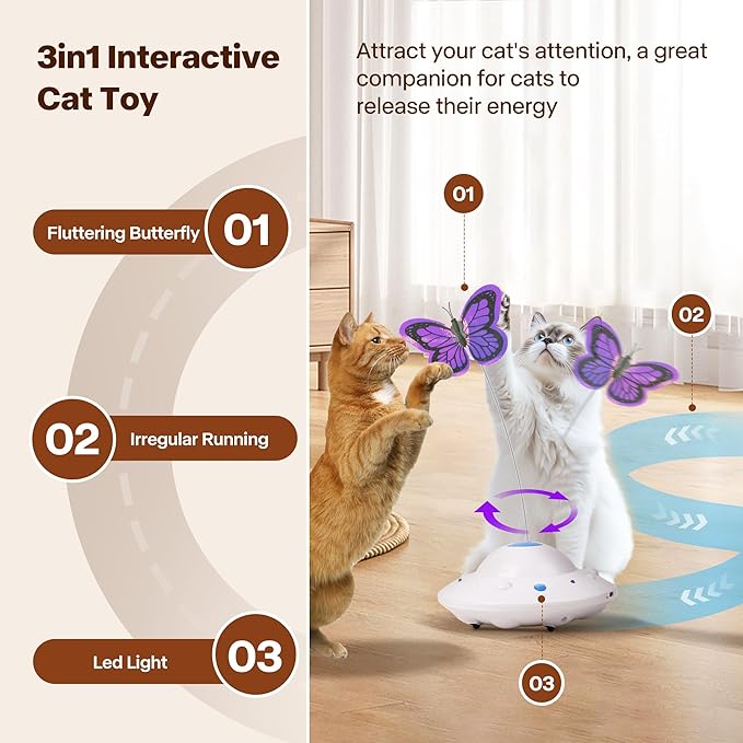 Cat Toys for Indoor Cats 3in1 Interactive Cat Toy with Fluttering Butterfly Led Light Automatic Cat Toy for Bored Indoor Kitten Adult Cats USB Rechargeable Electric Moving Cat Toy