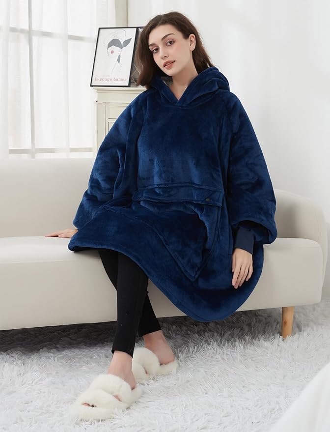 KFUBUO Wearable Blanket Hoodie for Adults Sherpa All Patterns Oversized Sweatshirt Blanket with Pockets Gifts for Mom Navy
