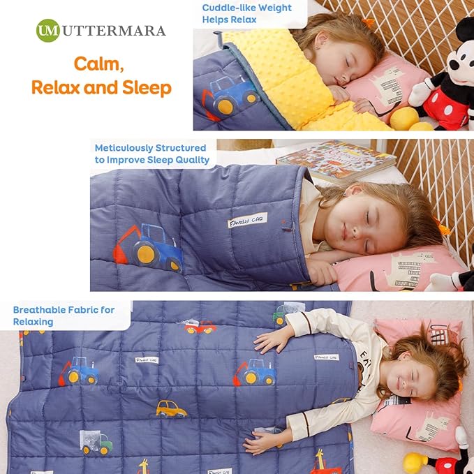 Uttermara Weighted Blanket 5 lbs, Ultra Cozy Minky Fleece and Cotton Sided with Cartoon Patterns, Reversible Heavy Blanket Great for Sleeping, 36x48 inches, Blue Car World