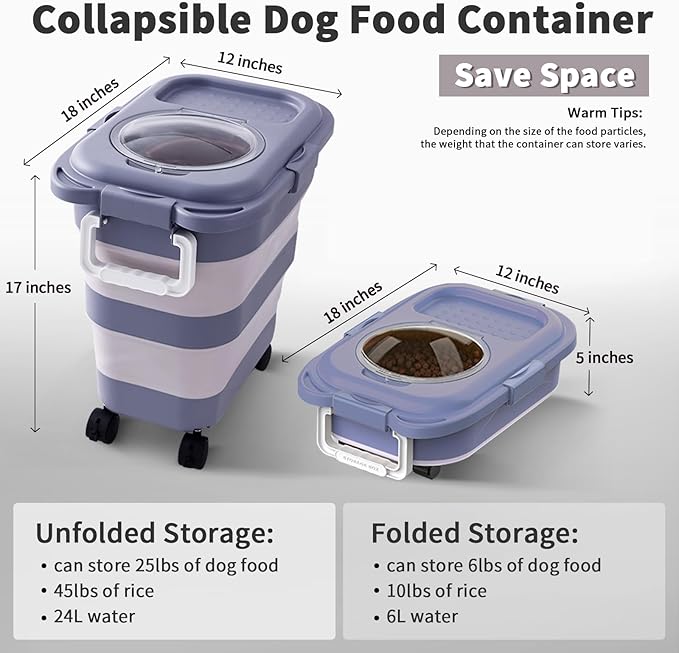 25 Lbs Dog Food Storage Container, Collapsible Dog Food Container with Scoop for Pet/Dog/Cat/Bird Food,Keep Dry Food Fresh,Easy to Move (Blue)