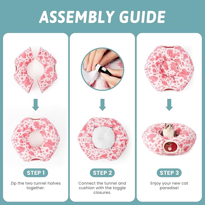 Cat Tunnel Bed for Indoor Cats - Cute Cat Donut Tunnel with Washable Circle Cushion, Round Pet Play Tunnel Toy for Kitten/Puppy/Rabbit,Pink&White