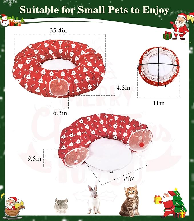 Pawaboo Cat Tunnel Bed Under Christmas Tree, 35.4'' Christmas Cat Toy Circle Tunnel with Toy Ball, Decorative Christmas Festive Foldable Kitty Tube Tunnel for Cat Small Animal (Red Xmas Tree)