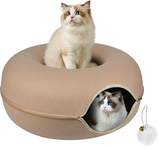 Peekaboo Cat Cave,Cat Tunnel Bed for Indoor Cats,Cat Donut Tunnel for Pet Cat House,Detachable Round Cat Felt & Washable Interior Cat Play Tunnel (Large, Beige)