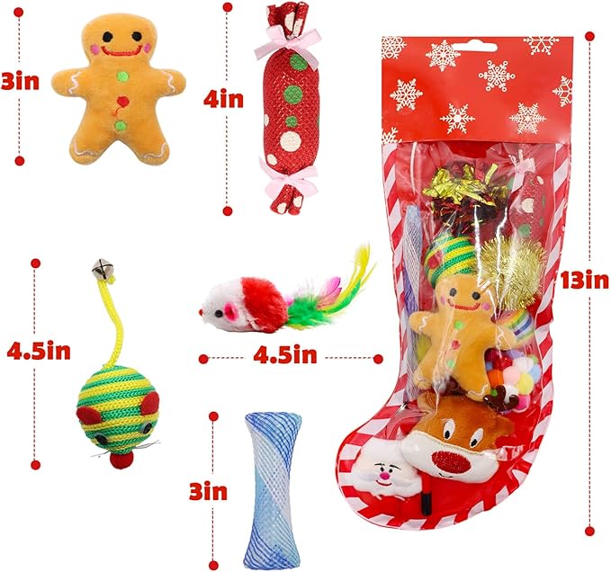 Christmas Stocking Cat Toys, 12PCS Xmas Cat Toy Set with Mouse, Squeaky Toys, Balls, Cat Teaser, Indoor Interactive Cat Gift