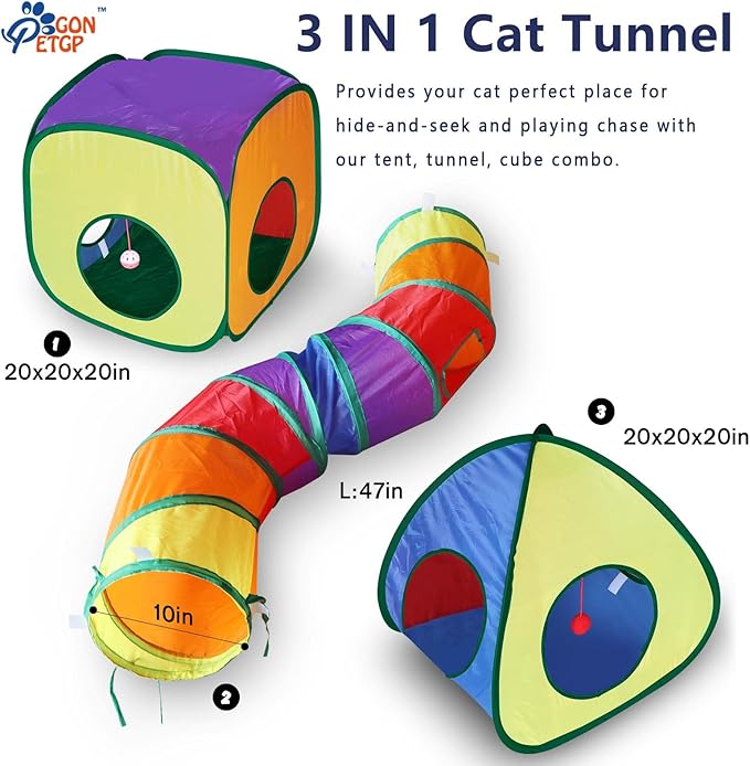 Cat Tunnel Toy and Cubes Combo, Cat Tunnels for Indoor Cats with Play Ball, Interactive Crinkle Collapsible Tent and Cubes, Cat Tube for Puppy Pet Rabbit - All in One Set of 3
