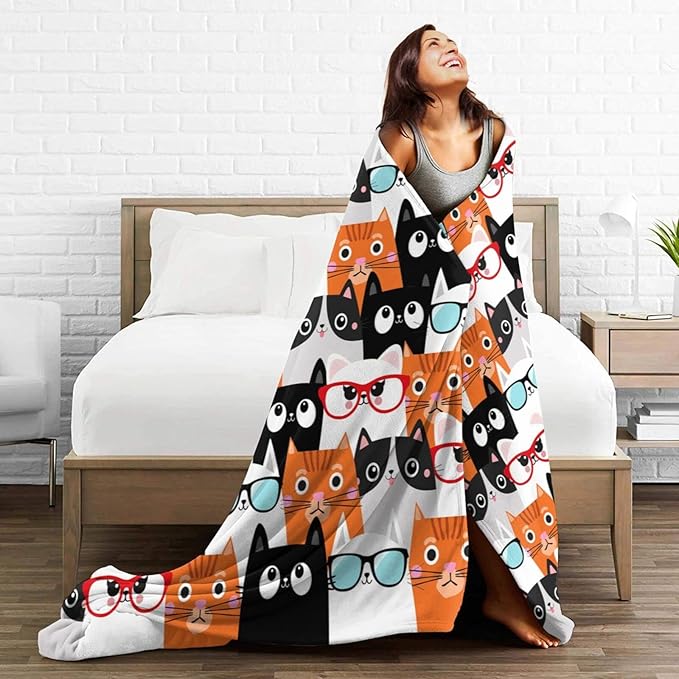 Cute Cat Blanket Animals Pet Pattern Gifts for Cat Lovers Soft Lightweight Flannel Throw Blankets for Kids Adults 60"x50"