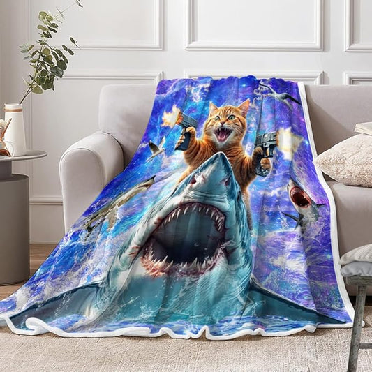 Funny Cat Blanket for Teens, Cool Cat Riding Shark Design Cute Cat Lover Throw Blankets for Girls Boys Adult Women Men Plush Cozy Flannel Fleece Ultra Soft Fuzzy Nebula Galaxy Kitten Party Blanket