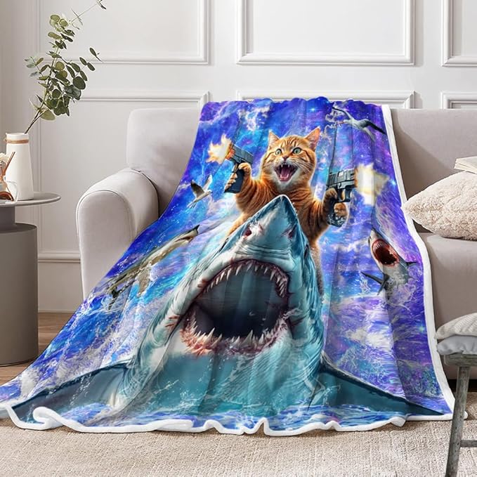 Funny Cat Blanket for Teens, Cool Cat Riding Shark Design Cute Cat Lover Throw Blankets for Girls Boys Adult Women Men Plush Cozy Flannel Fleece Ultra Soft Fuzzy Nebula Galaxy Kitten Party Blanket