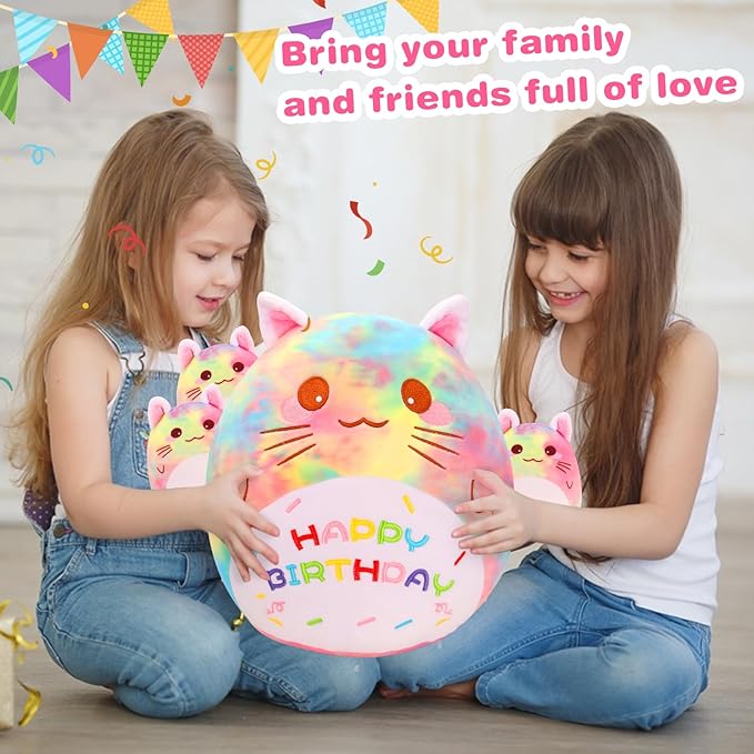 Birthday Cat Plush Pillow, 12'' Cat Stuffed Animal Cute Cat Plush Toy with 3 Little Cat Plushie Home Decoration Birthday Gift for Kids Toddlers