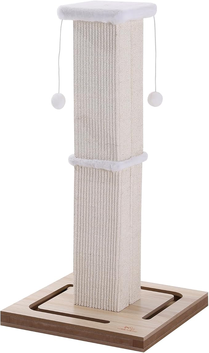 Cat Scratching Post, 32 Inches Large Cat Scratch Post for Adult Cats and Kittens, Nature Sisal,Wooden Base with Toy Balls, Modern Cat Scratcher for Indoor Cats, Protect Your Furniture, Beige