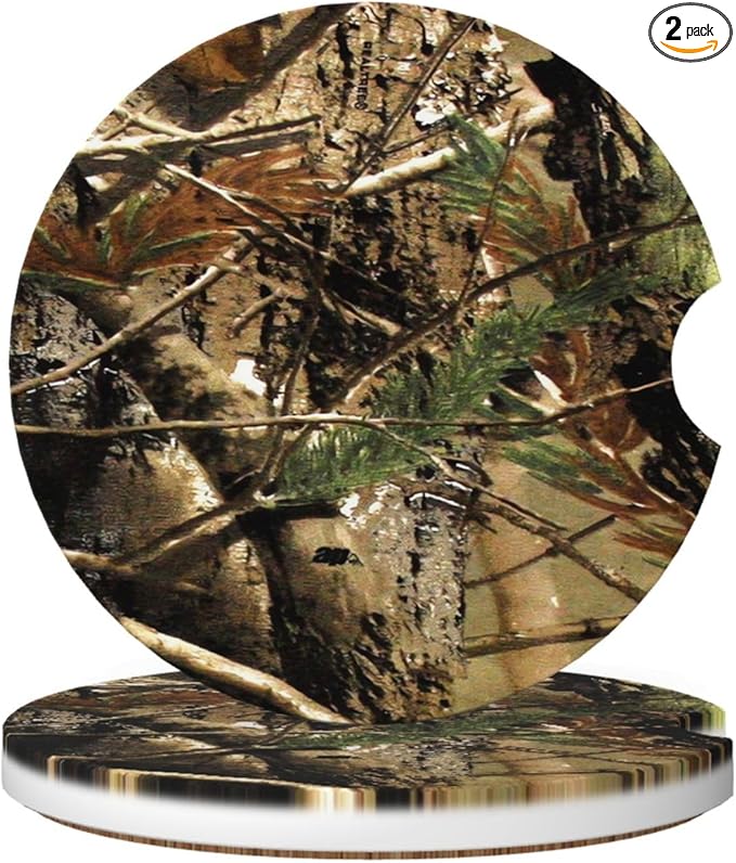 Absorbent Ceramic Car Coasters for Cup Holders, Camo Leaf Design 2.56" Anti Slip Universal Drink Cup Coasters for Women Men (2 Pack)