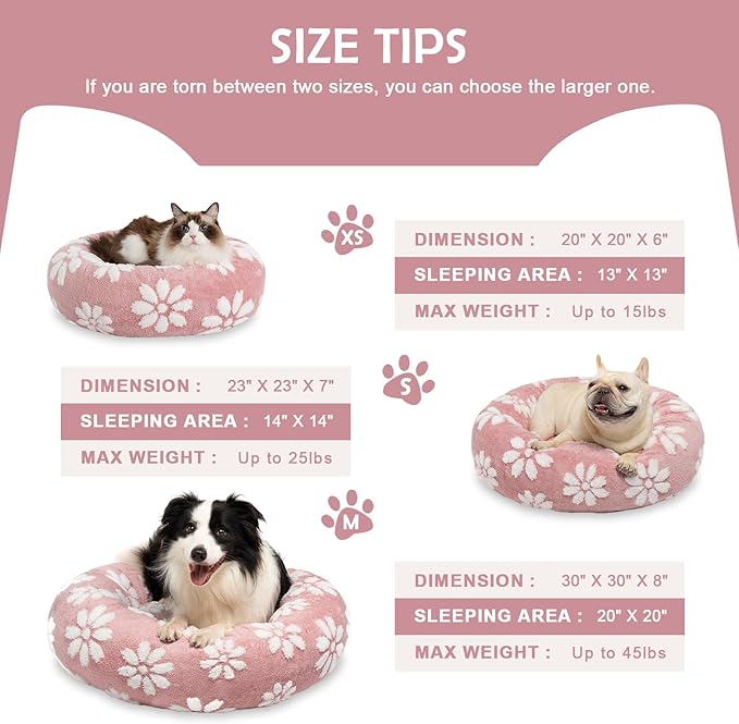 Donut Dog Beds for Medium Dogs, Calming Round Cat Beds for Indoor Cats, Cute 3D Textured Flower Pet Bed with Removable Washable Cover and Anti-Slip Bottom（Pink，30"）