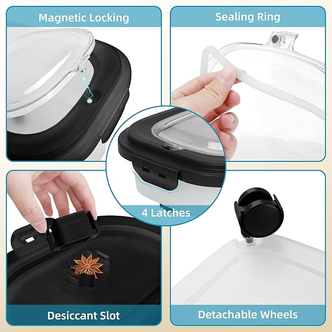 Dog Food Container, Collapsible Pet Food Storage Container 17-20 lb with Rolling Wheels & Airtight Lid, Plastic Storage Bin With Dog Food Scoop and Measuaring Cups