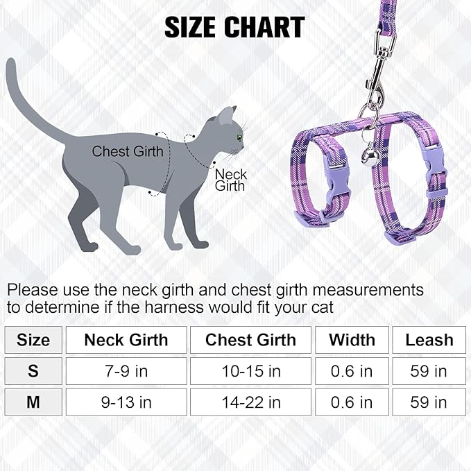 BEAUTYZOO Cat Harness and Leash Set Escape Proof for Walking, Kitten Soft Adjustable Vest Harnesses for Small Medium Large Cats, Easy Control Breathable Plaid Ribbon Nylon for Outdoor Indoor Use