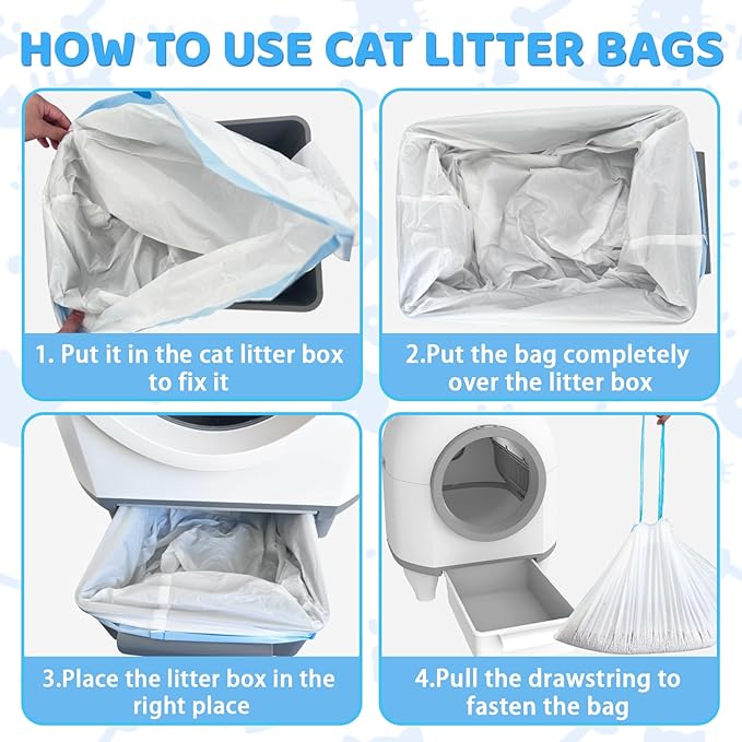 45 Count Extra Large Cat Litter Box Liners - Drawstring Cat Litter Bags for Self Cleaning Litter Boxes, 25x15 Inches, No Mess, No Odor, Easy to Install and Dispose, Hygienic and Durable Litter Liners