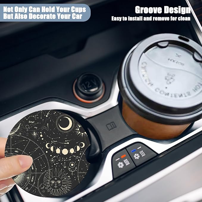Car Cup Holder Coaster - Sun Moon Absorbent Ceramic Coaster, Car Coasters for Cup Holders, Auto Accessories for Women & Men, Pack of 2