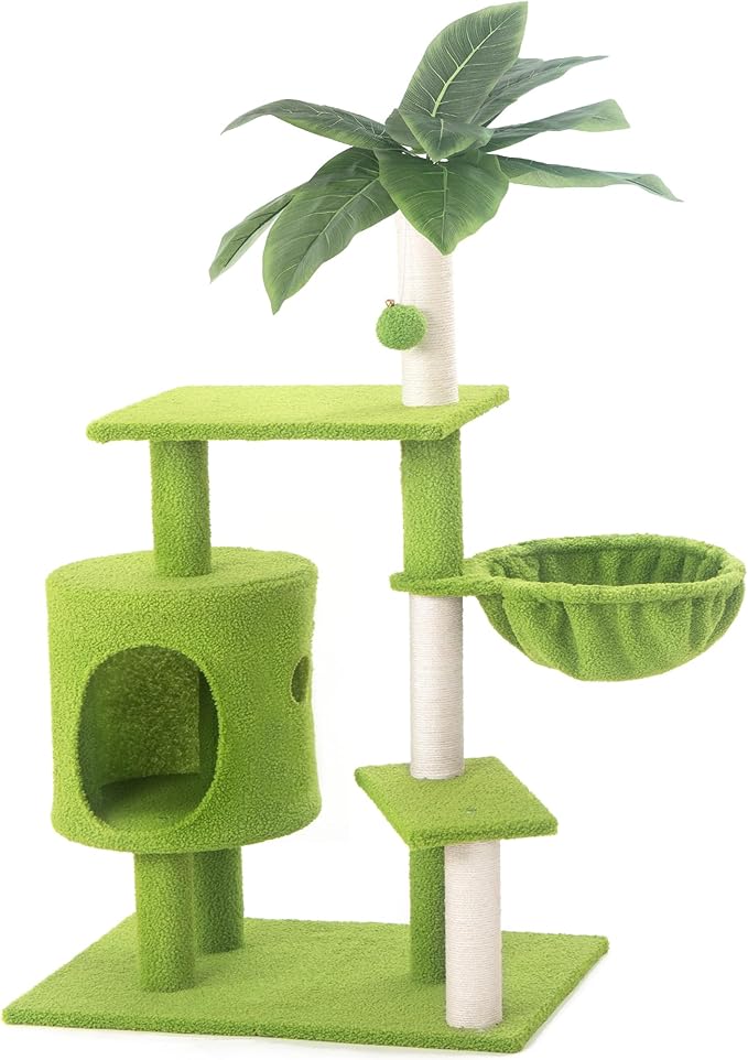 Cat Tree for Indoor Cats with Green Leaves, 40'' Cat Tower with Scratching Post, Cozy Cat Condo and Hammock, Cat Tree Tower with Hanging Ball and Bell for Kittens