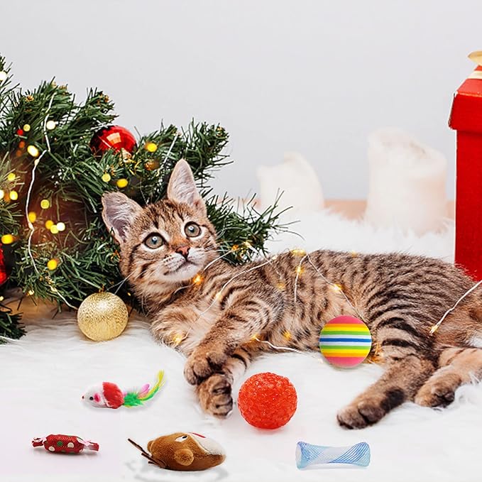 Christmas Stocking Cat Toys, 12PCS Xmas Cat Toy Set with Mouse, Squeaky Toys, Balls, Cat Teaser, Indoor Interactive Cat Gift